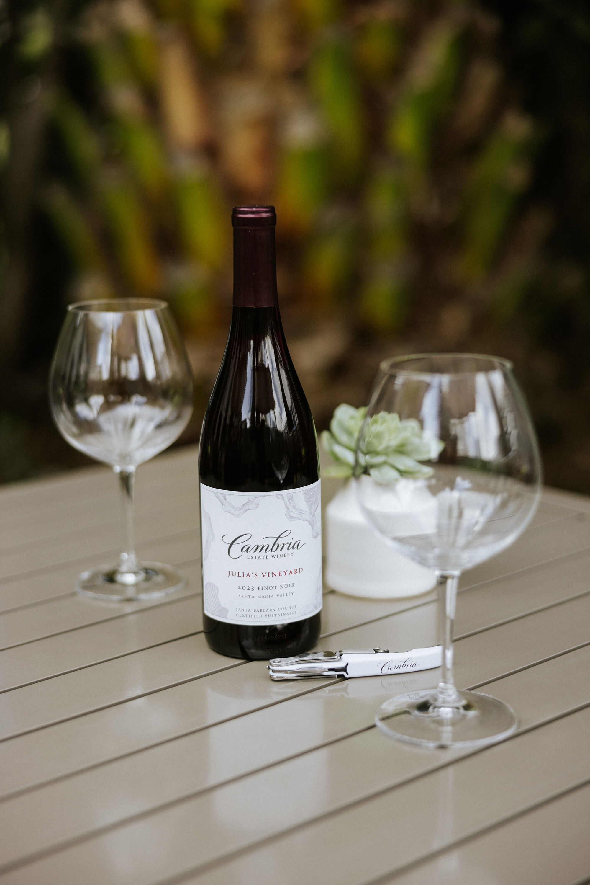 Julia's Vineyard Pinot Noir wine on a grey table with two empty wine glasses