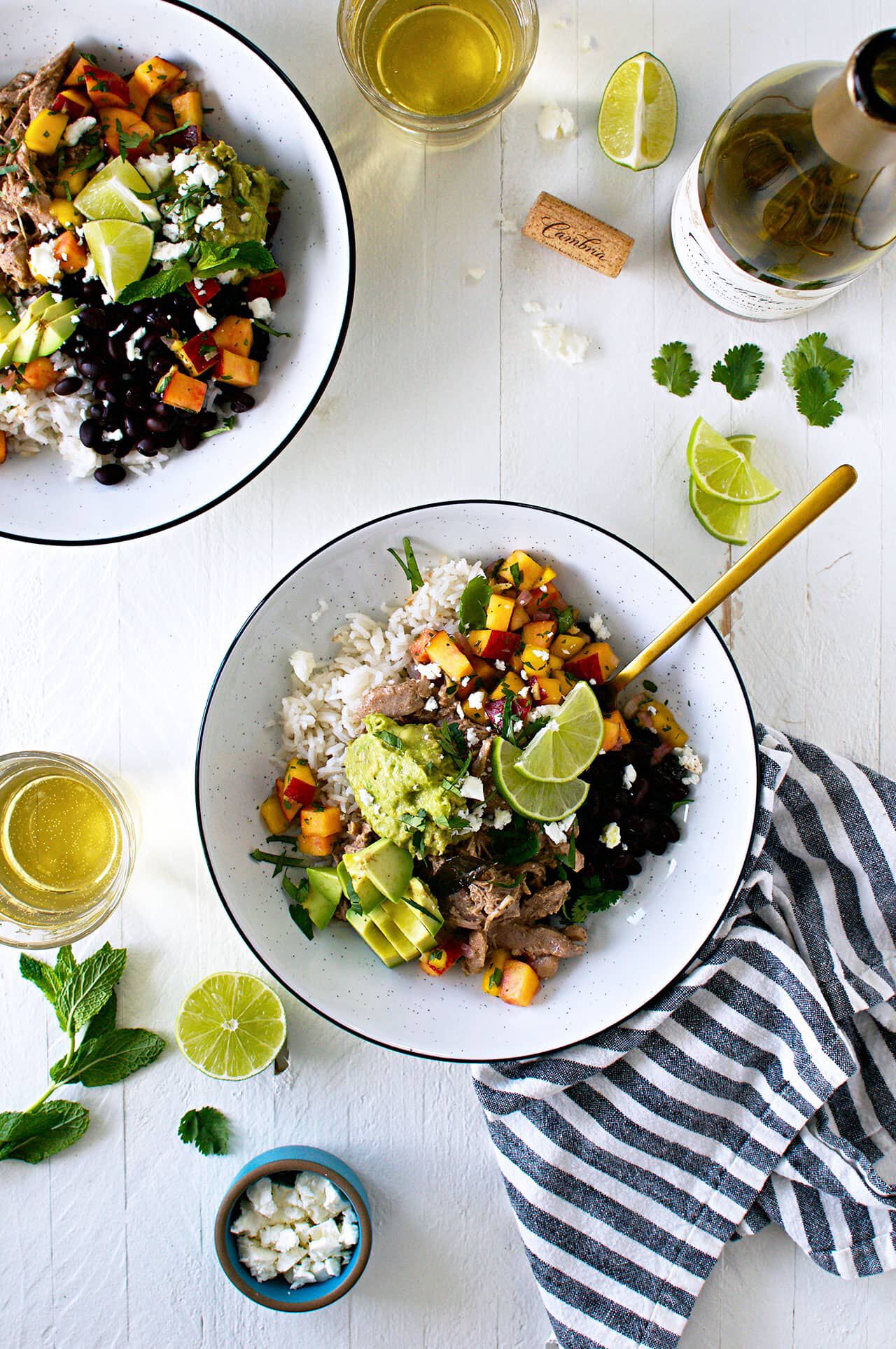 Pulled masala chicken taco bowls with Chardonnay wine